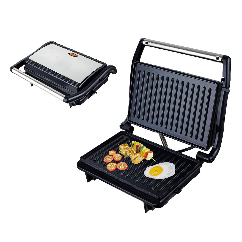 Hot press grill maker sandwich maker stainless steel, High power 800 watt with indicator light, overheat protection and non-stick cooking plate, Winding, vertical storage and pilot system.